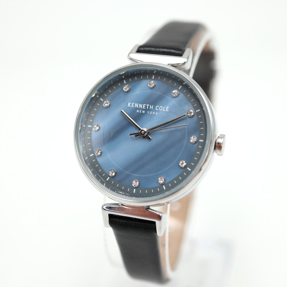 Women's Kenneth Cole Blue Crystallized MOP Dial Watch 30mm Black Leather Works - Picture 1 of 15